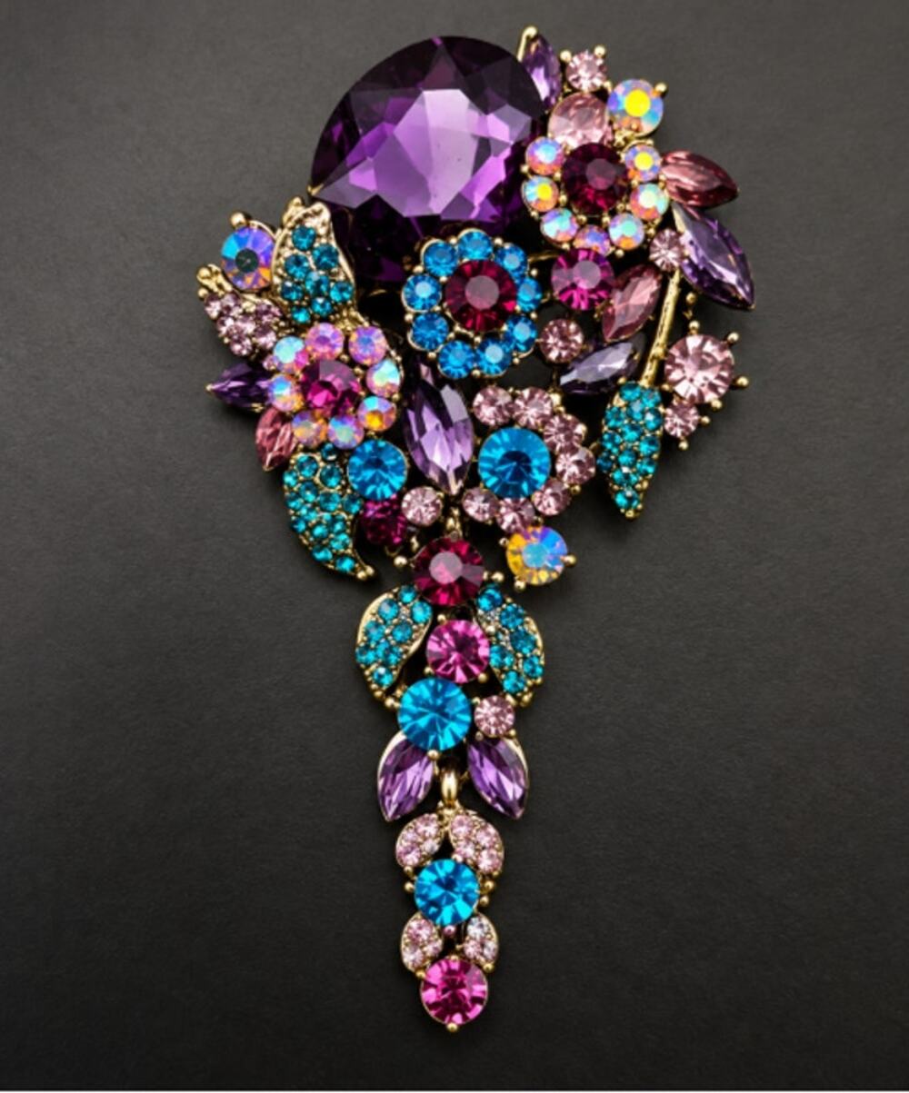 Glamorous Baroque Brooch Pin with Sparkling Purple & Teal Rhinestones